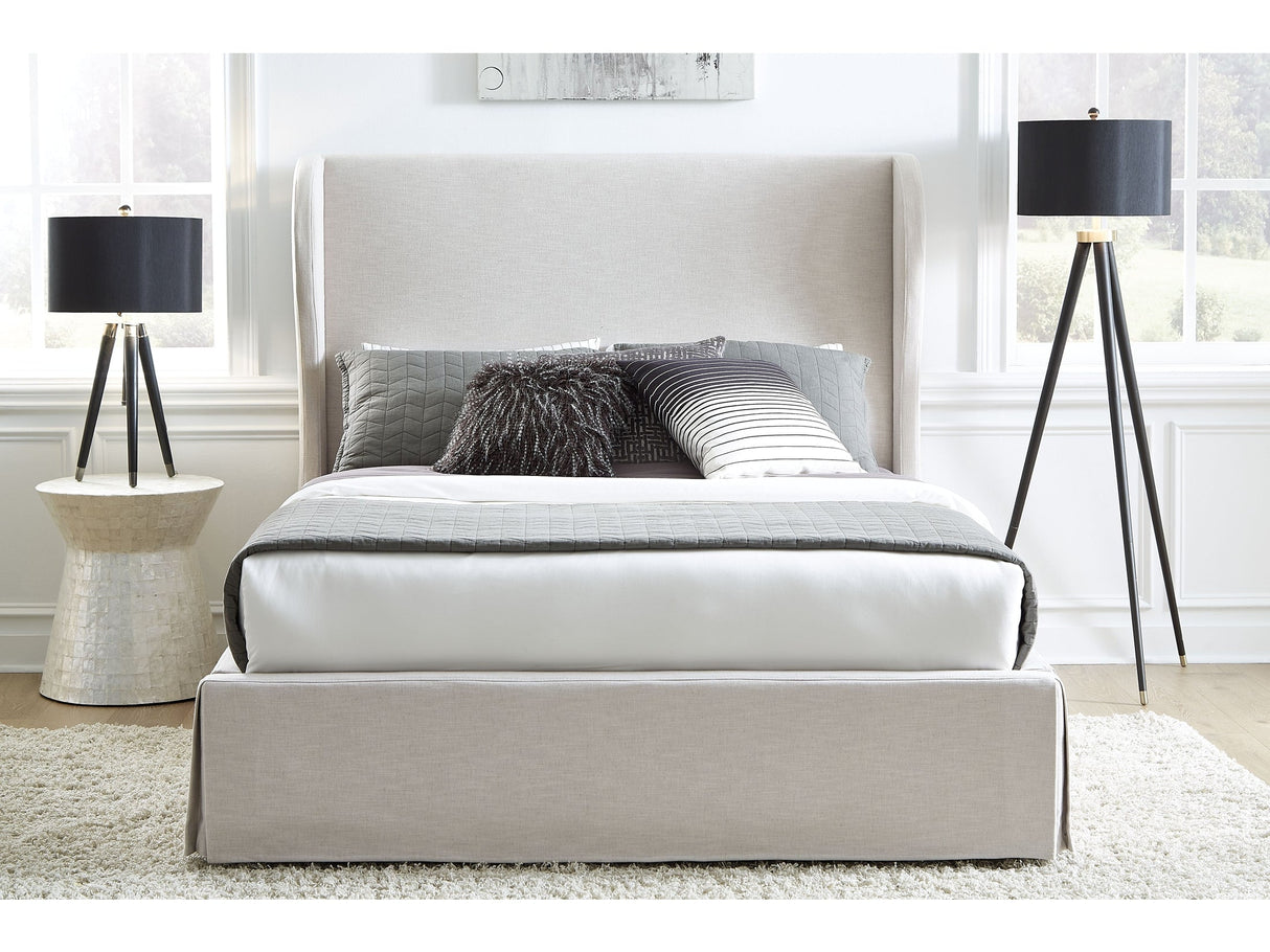 Hera Eastern King Skirted Footboard Storage Panel Bed in Oatmeal by Modus Furniture at Eve Furniture