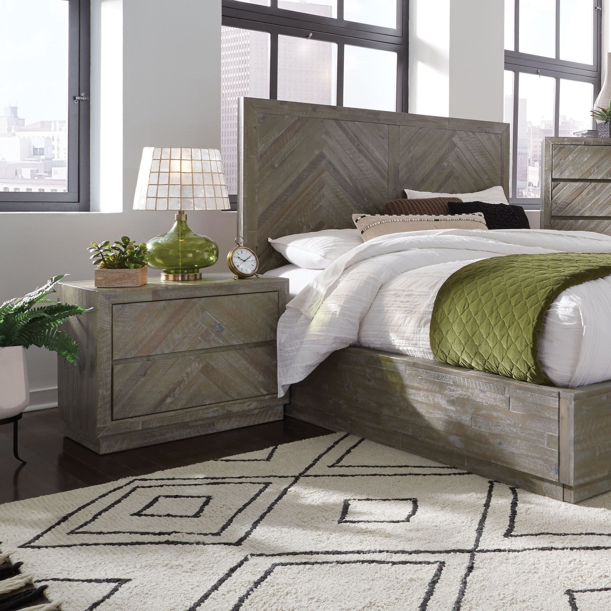 Herringbone Solid Wood Two Drawer Nightstand in Rustic Latte by Modus Furniture at Eve Furniture