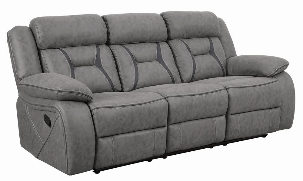 Higgins Gray Pillow Top Arm Upholstered Motion Sofa by Coaster at Eve Furniture