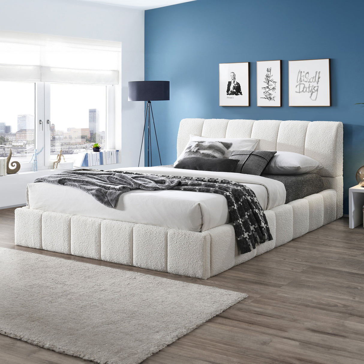 Hilar White Boucle Platform Bed King Size by Ashcroft Imports at Eve Furniture