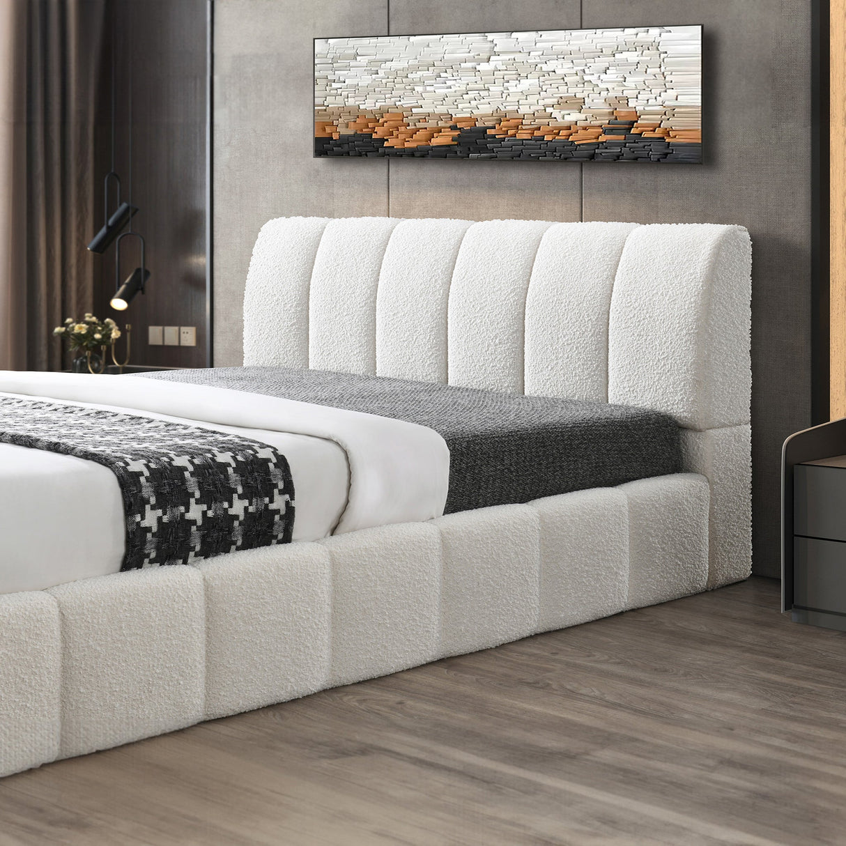 Hilar White Boucle Platform Bed King Size by Ashcroft Imports at Eve Furniture