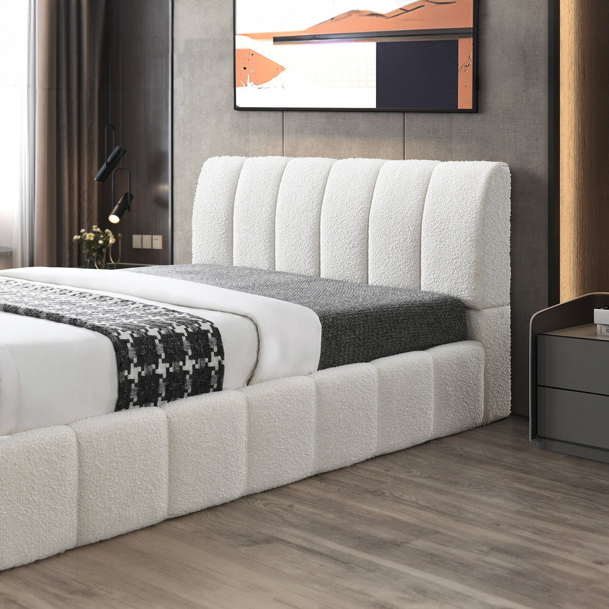 Hilar White Boucle Platform Bed Queen Size by Ashcroft Imports at Eve Furniture