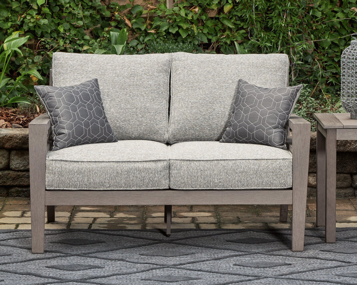 Hillside Barn Gray/Brown Outdoor Loveseat with Cushion by Ashley at Eve Furniture