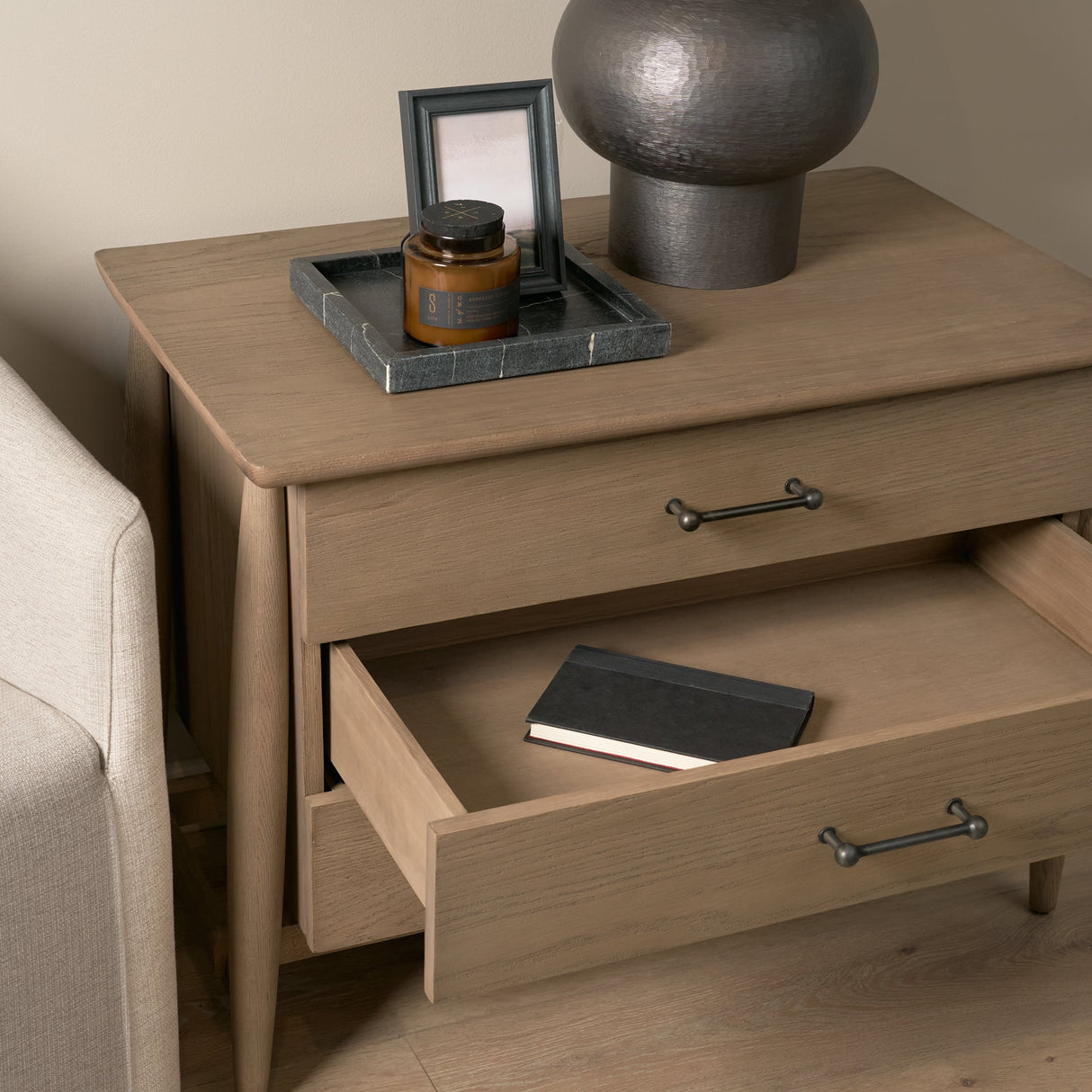 Hollis Gray-Brown Wood 3-Drawer Closed Nightstand by Mercana at Eve Furniture
