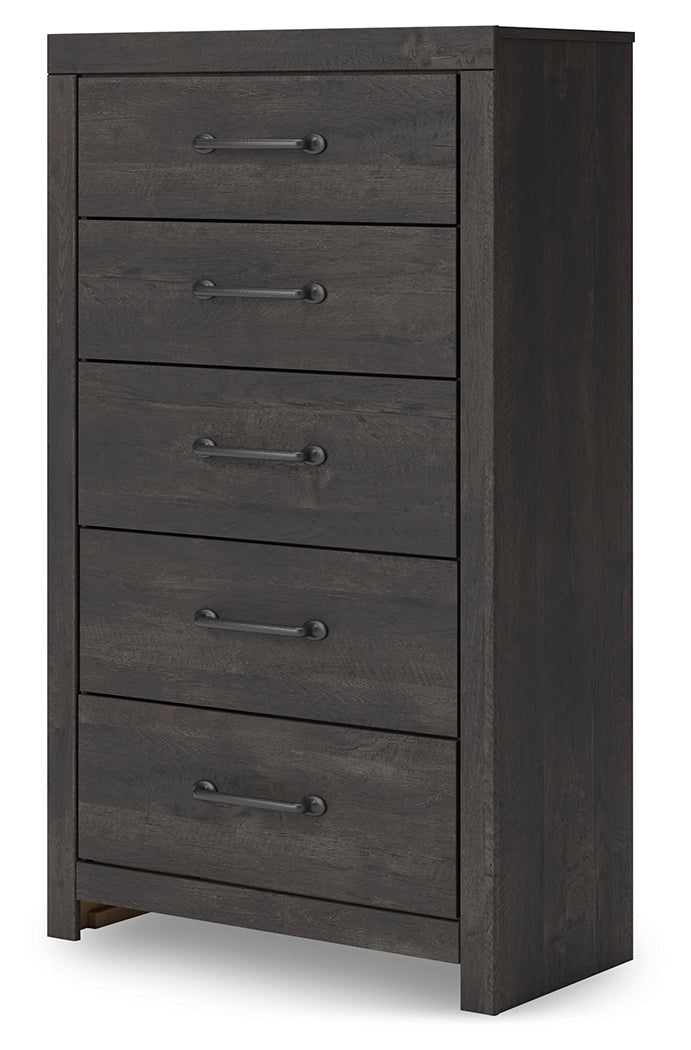 Hollivern Full Panel Bed with Storage with Mirrored Dresser and Chest in Dark Gray by Ashley at Eve Furniture