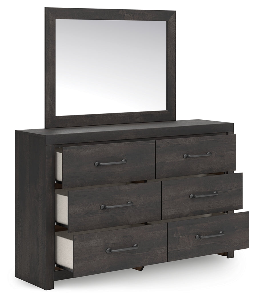 Hollivern Full Panel Bed with Storage with Mirrored Dresser and Chest in Dark Gray by Ashley at Eve Furniture