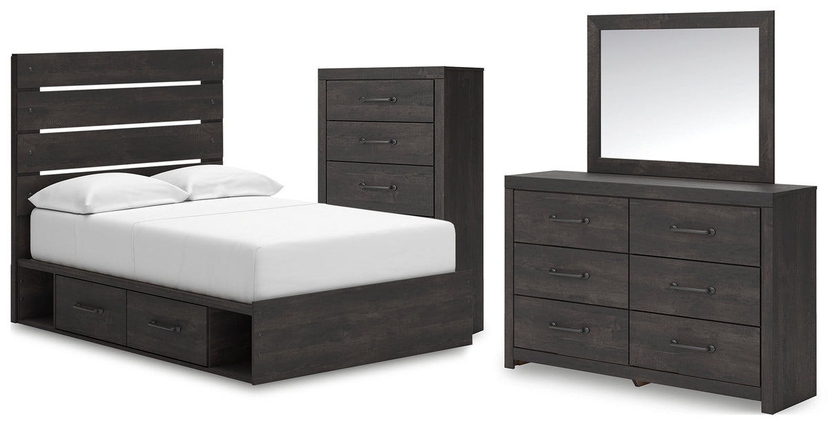 Hollivern Full Panel Bed with Storage with Mirrored Dresser and Chest in Dark Gray by Ashley at Eve Furniture