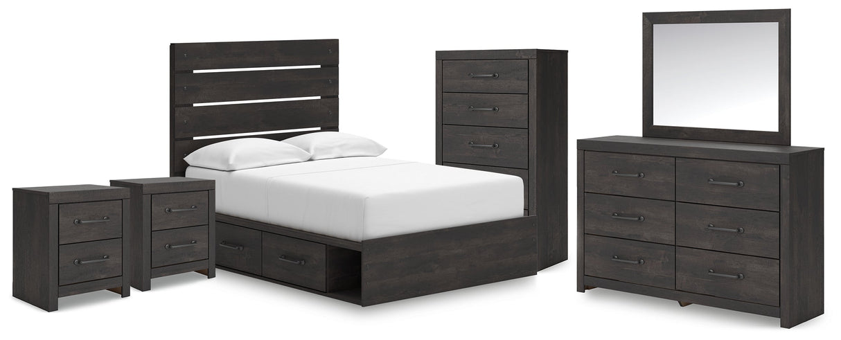 Hollivern Full Panel Bed with Storage with Mirrored Dresser, Chest and 2 Nightstands in Dark Gray by Ashley at Eve Furniture