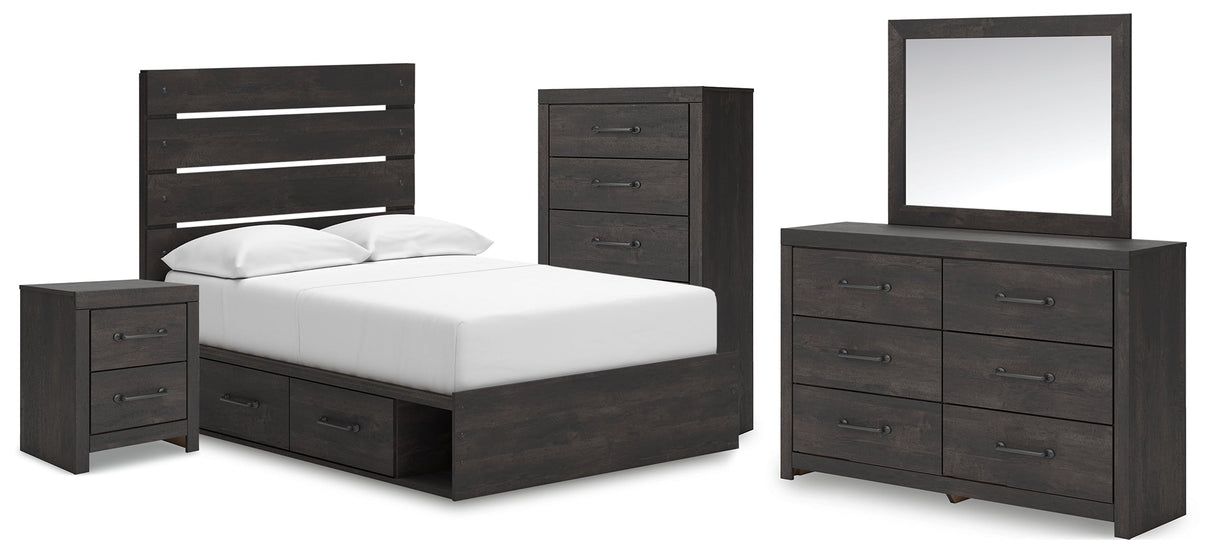 Hollivern Full Panel Bed with Storage with Mirrored Dresser, Chest and Nightstand in Dark Gray by Ashley at Eve Furniture