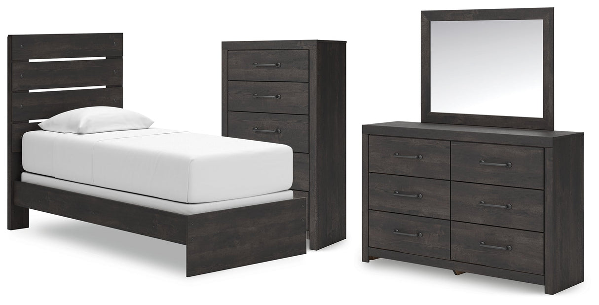 Hollivern Twin Panel Bed with Mirrored Dresser and Chest in Dark Gray by Ashley at Eve Furniture