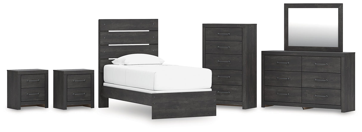 Hollivern Twin Panel Bed with Mirrored Dresser, Chest and 2 Nightstands in Dark Gray by Ashley at Eve Furniture