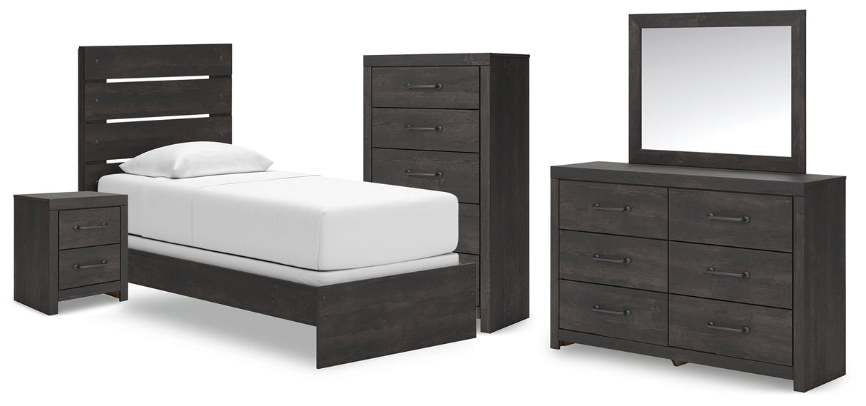 Hollivern Twin Panel Bed with Mirrored Dresser, Chest and Nightstand in Dark Gray by Ashley at Eve Furniture