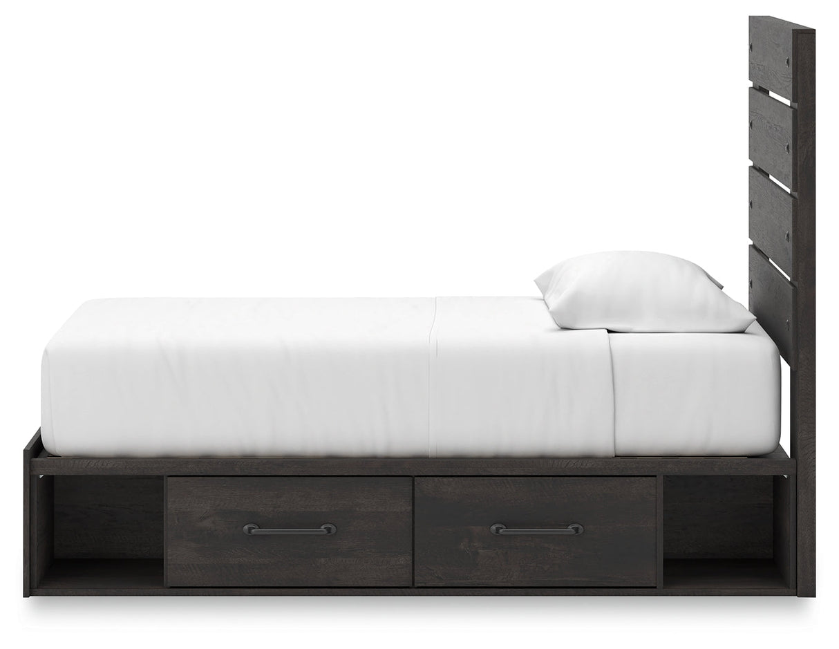 Hollivern Twin Panel Bed with Storage with Mirrored Dresser and Chest in Dark Gray by Ashley at Eve Furniture
