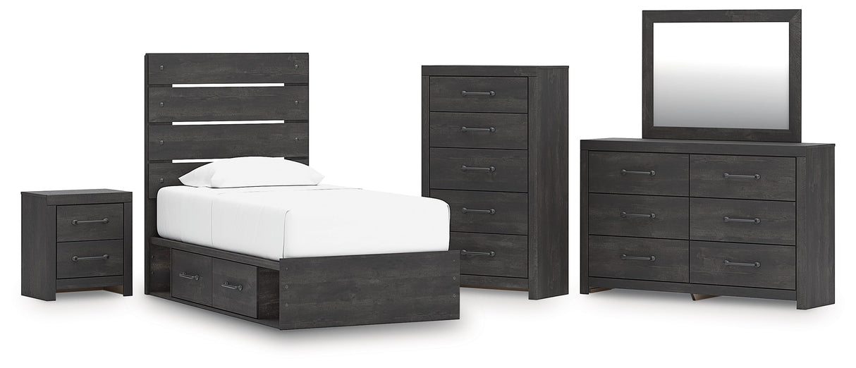 Hollivern Twin Panel Bed with Storage with Mirrored Dresser, Chest and Nightstand in Dark Gray by Ashley at Eve Furniture