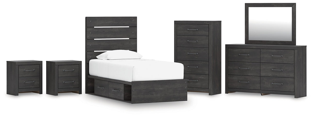 Hollivern Twin Panel Storage Bed with Mirrored Dresser, Chest and 2 Nightstands in Dark Gray by Ashley at Eve Furniture