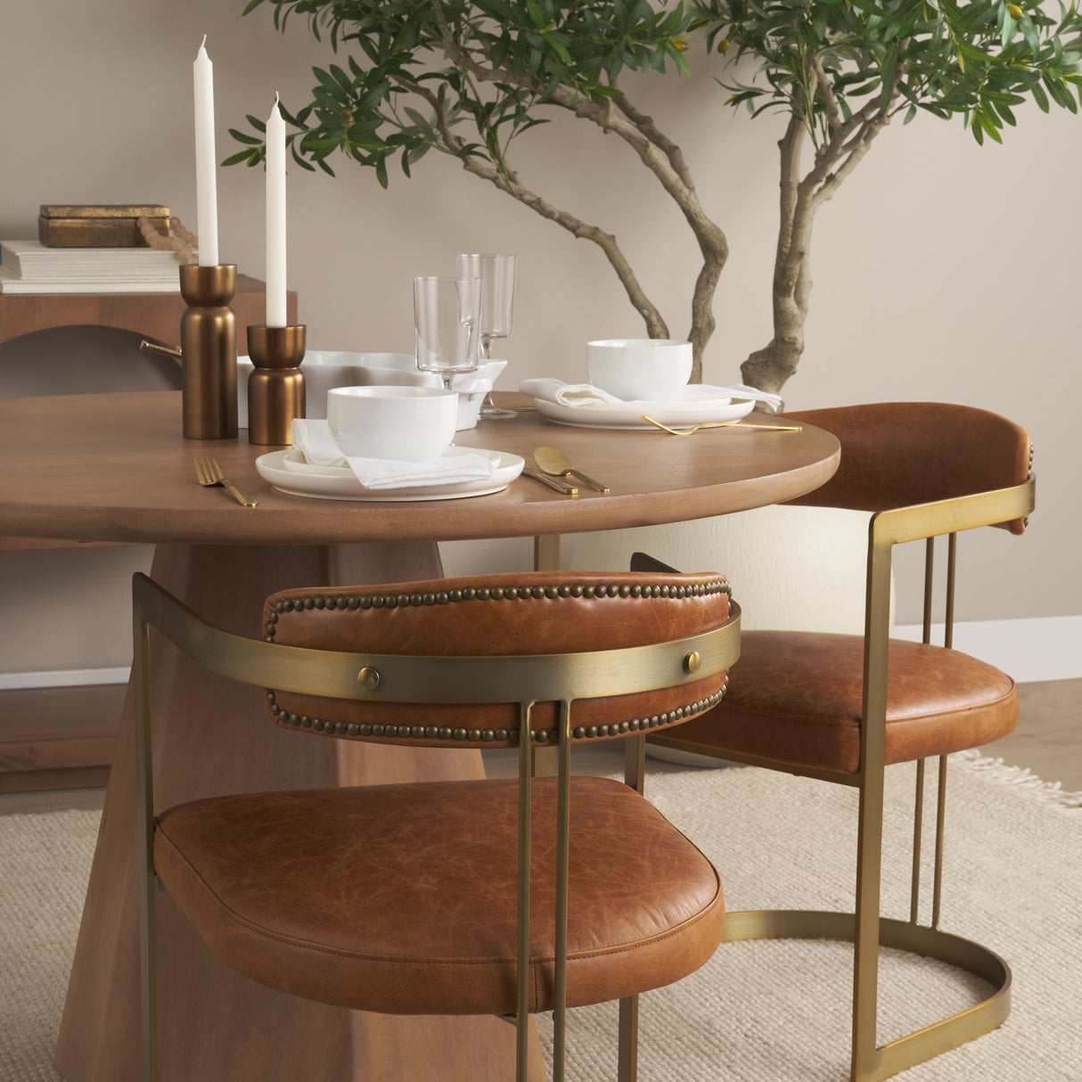 Hollyfield I Brown Leather Seat Gold Iron Frame Dining Chair by Mercana at Eve Furniture