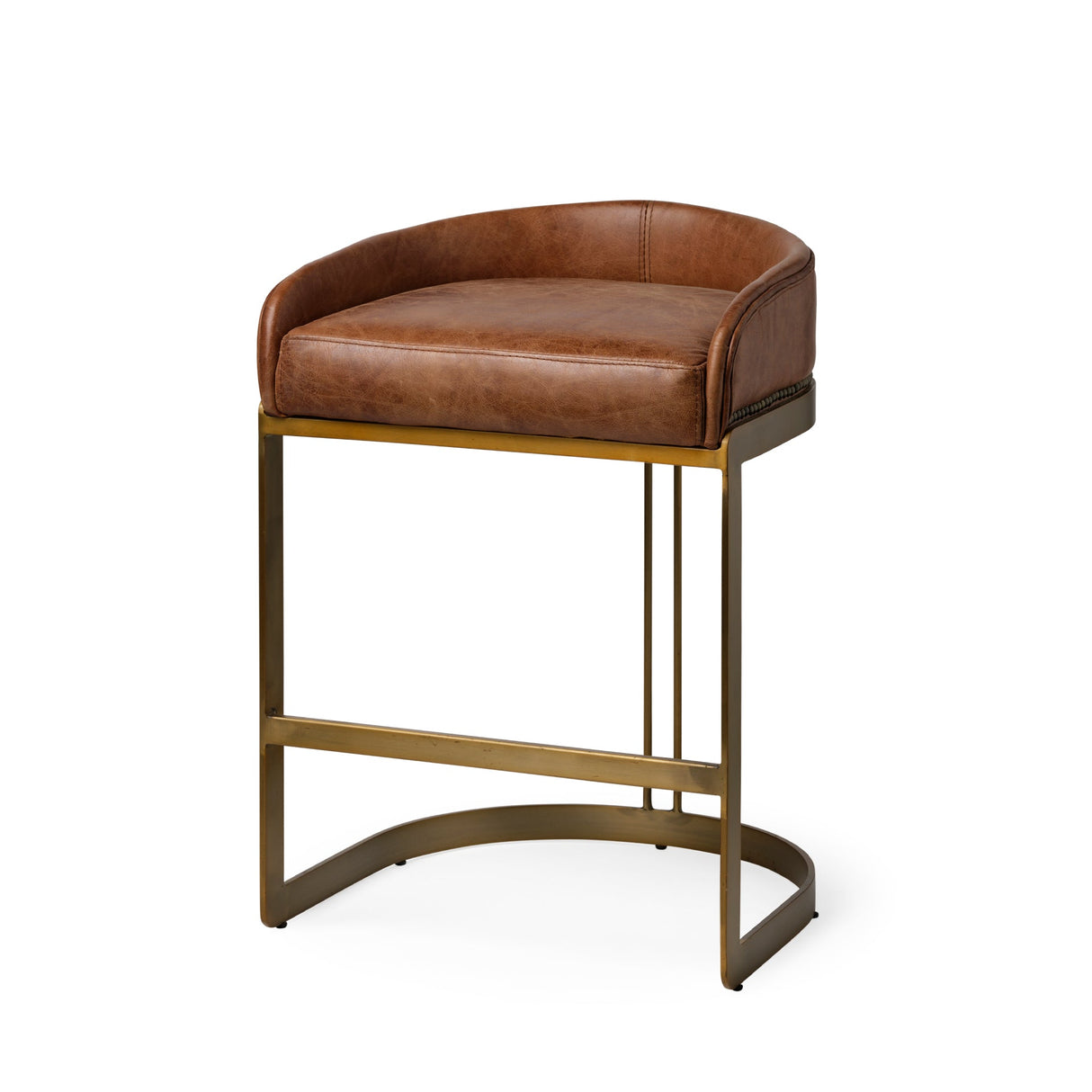 Hollyfield II Brown Leather Seat Gold Metal Base Stool by Mercana at Eve Furniture