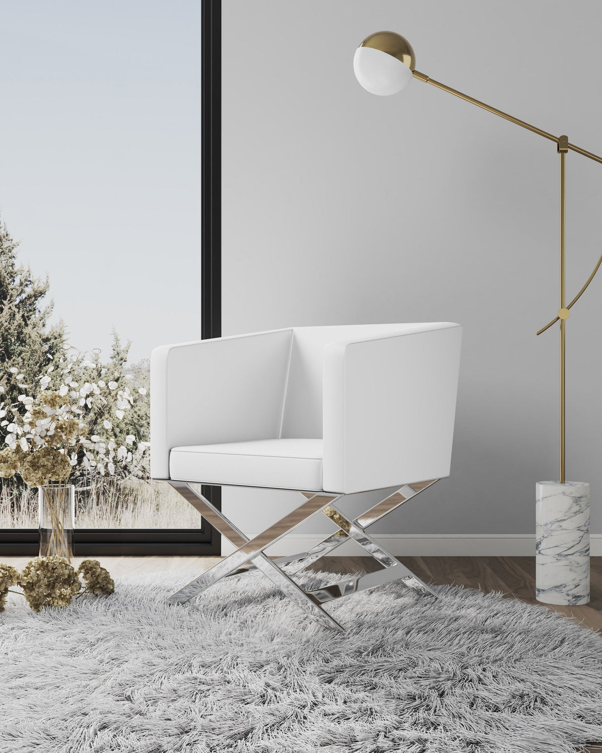 Hollywood Lounge Accent Chair in White and Polished Chrome by Manhattan Comfort at Eve Furniture