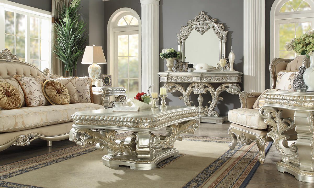 Homey Design HD-8088 Metallic Silver/Gold Highlights 3-Piece Coffee Table Set