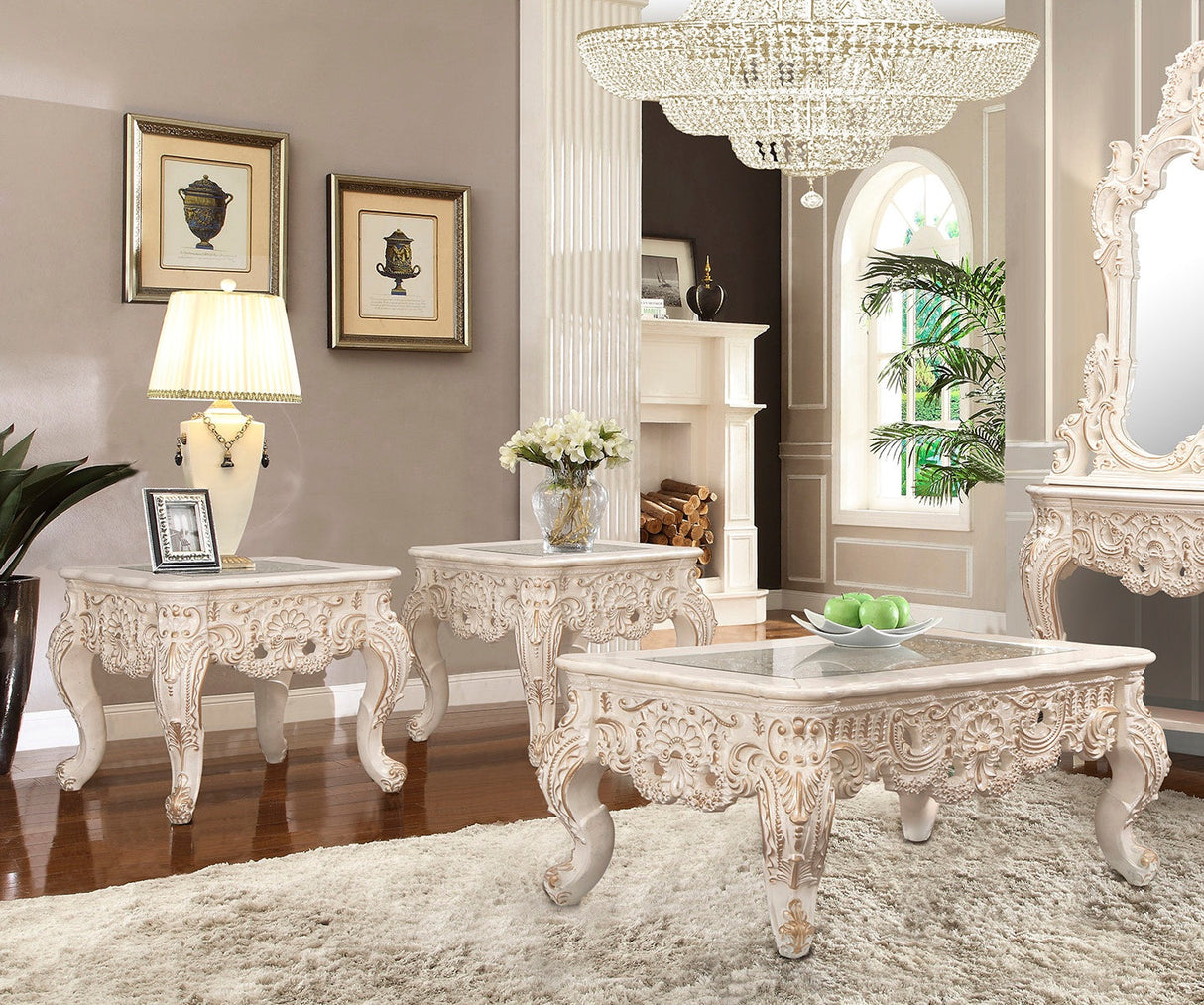 Homey Design HD-998I Ivory/Metallic Gold Highlights 3-Piece Coffee Table Set