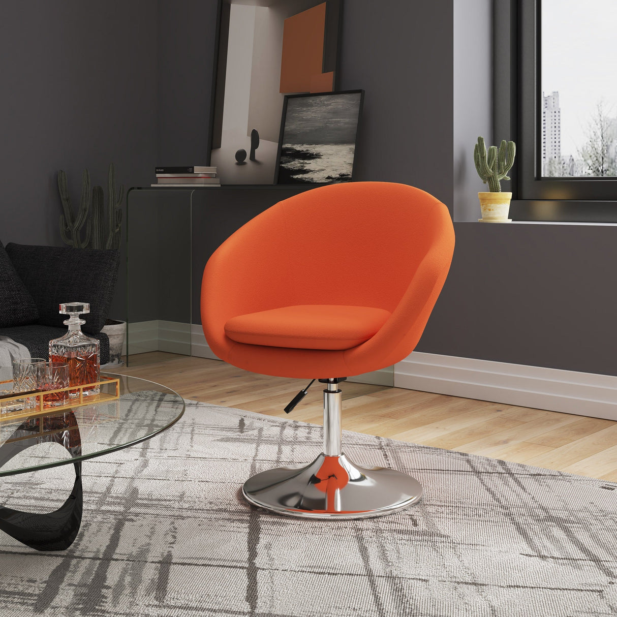 Hopper Swivel Adjustable Height Chair in Orange and Polished Chrome by Manhattan Comfort at Eve Furniture