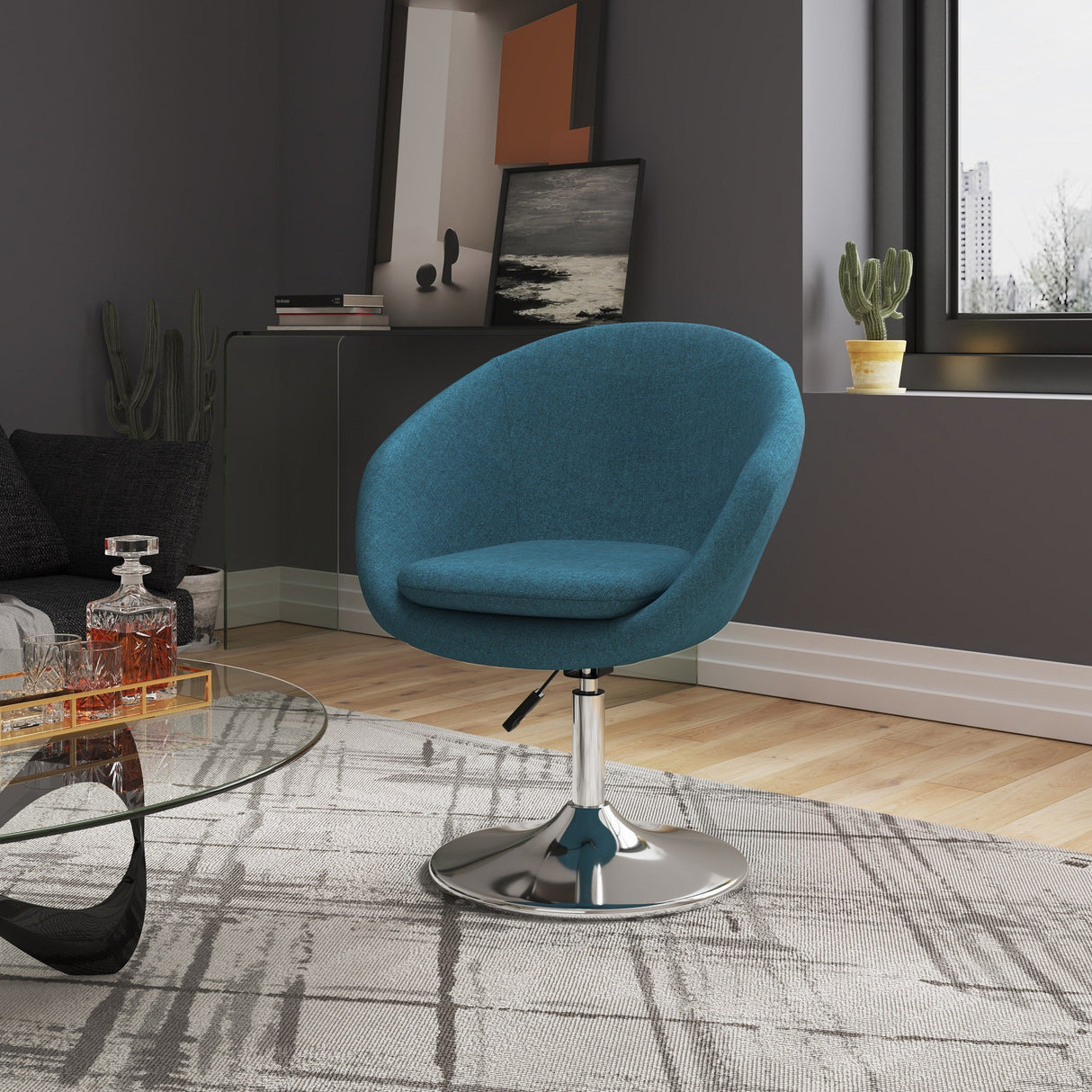 Hopper Swivel Adjustable Height Chair in Sky Blue and Polished Chrome by Manhattan Comfort at Eve Furniture