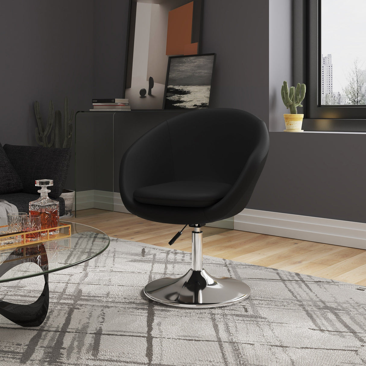 Hopper Swivel Adjustable Height Faux Leather Chair in Black and Polished Chrome by Manhattan Comfort at Eve Furniture