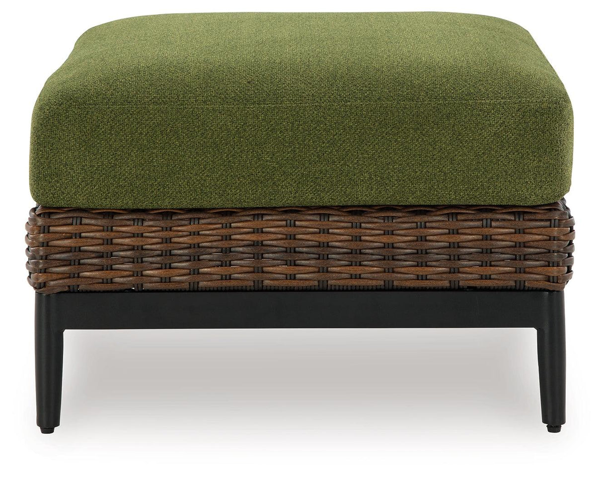 Horizon Hall Brown/Green Outdoor Ottoman with Cushion by Ashley at Eve Furniture