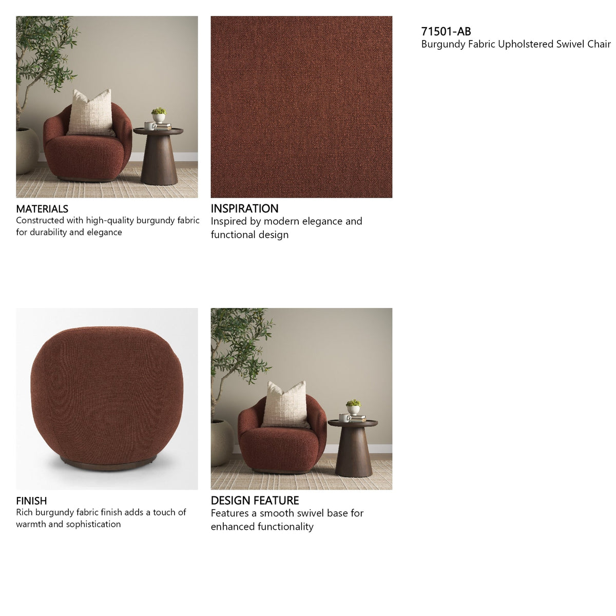 Hudson Burgundy Fabric Upholstered Swivel Chair by Mercana at Eve Furniture