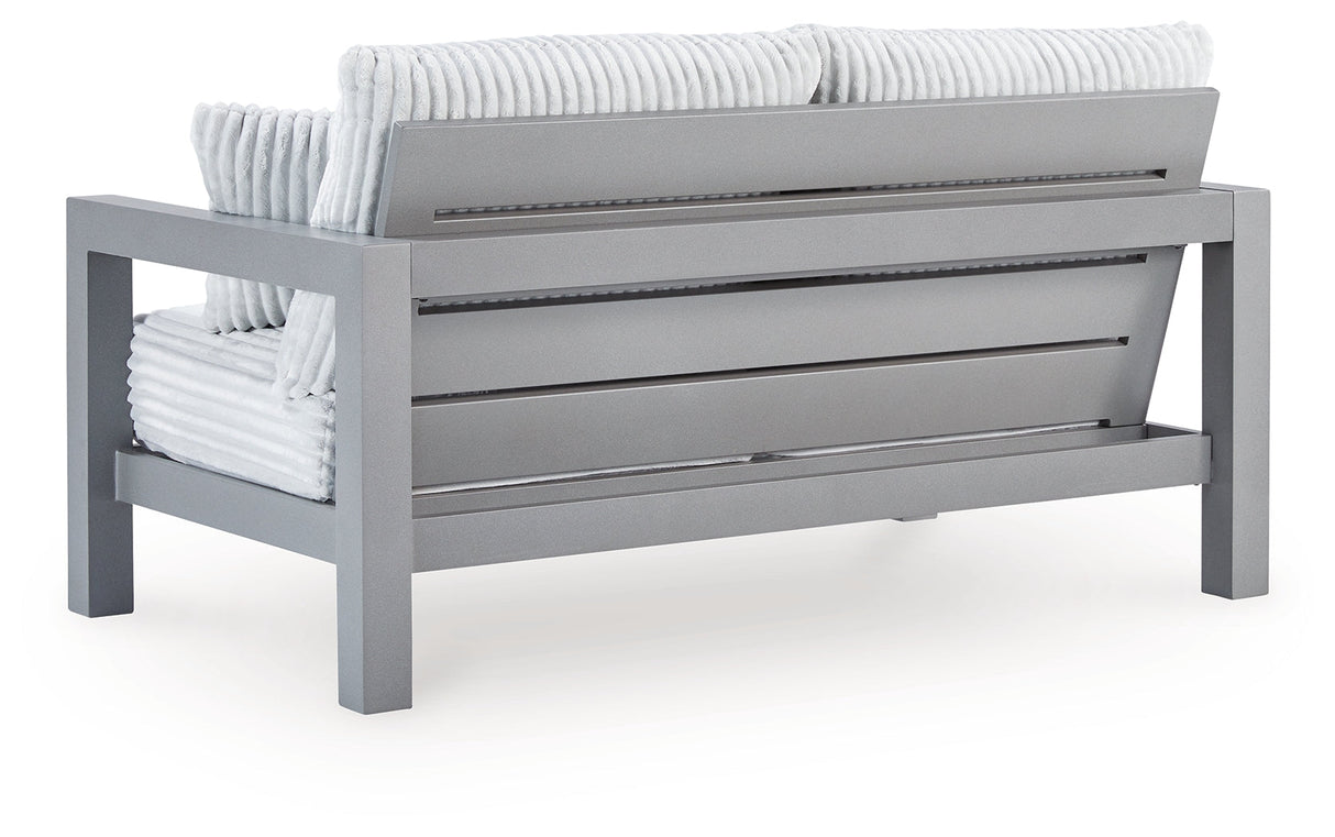 Hurley Park Gray Outdoor Loveseat with Cushion by Ashley at Eve Furniture