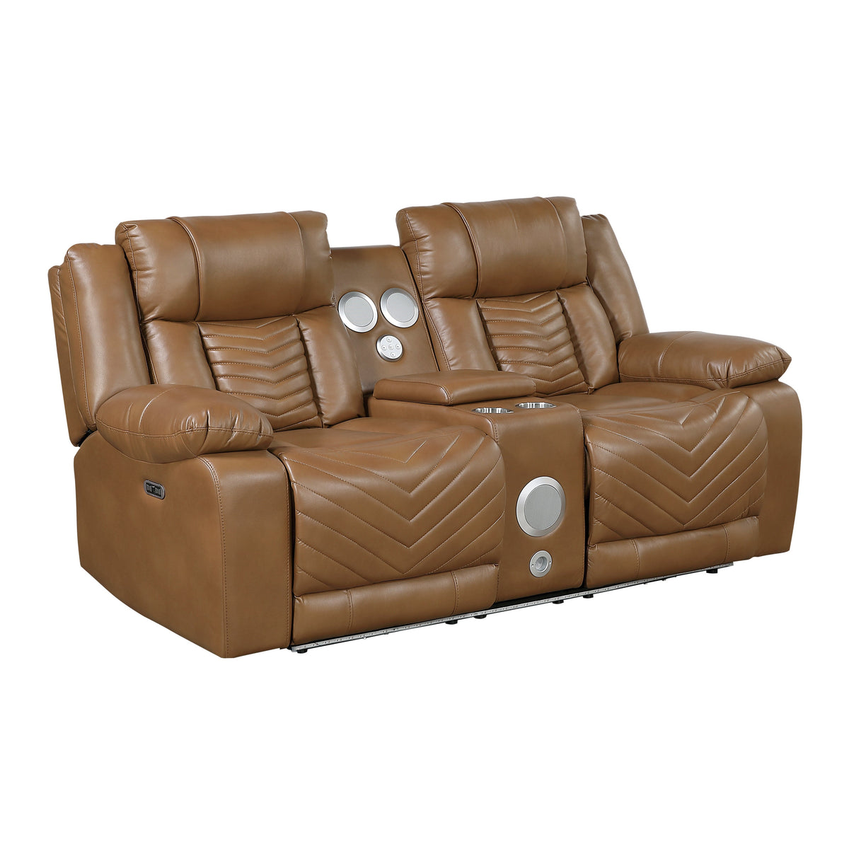 Huron Brown Power Double Reclining Loveseat with Center Console, Wireless Speakers, LED and Charging Ports by Homelegance at Eve Furniture