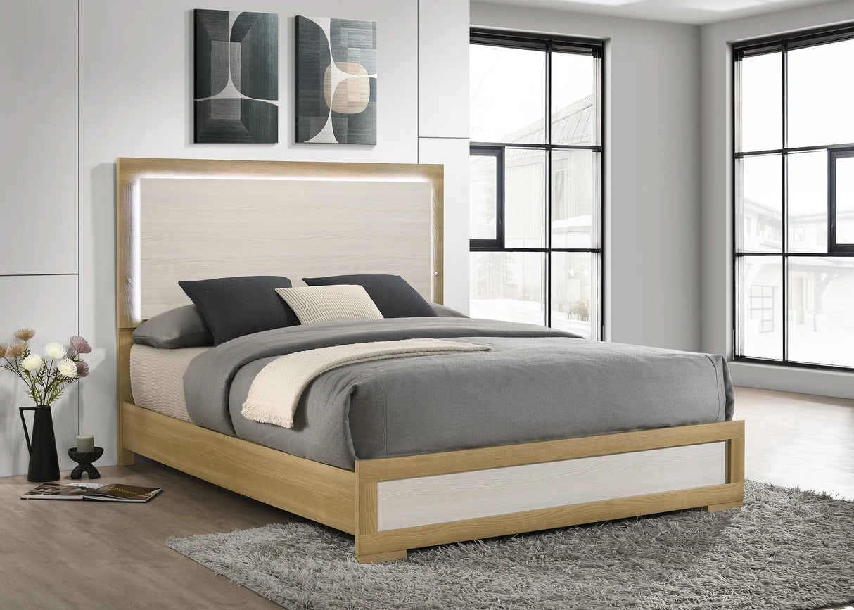 Hyland Natural and White Wood Queen LED Panel Bed by Coaster at Eve Furniture