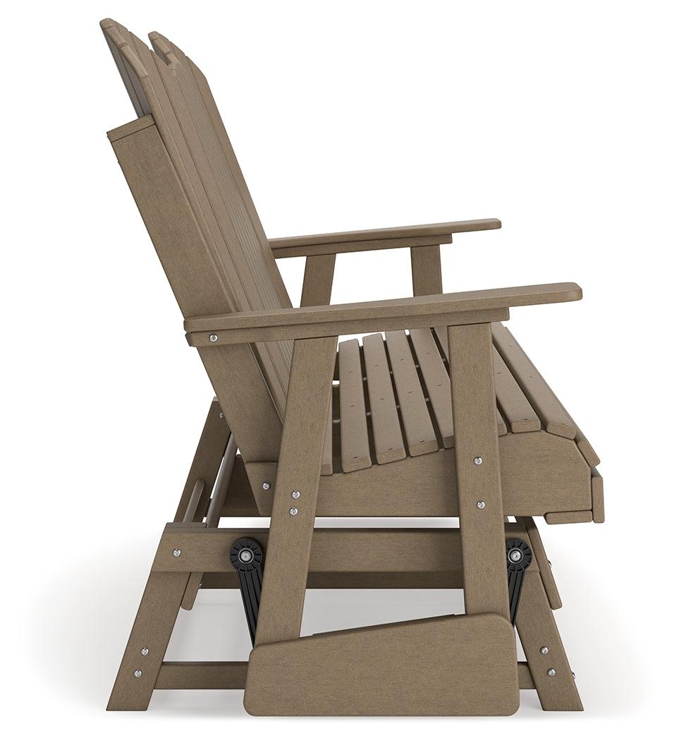 Hyland wave Driftwood Outdoor Glider Loveseat by Ashley at Eve Furniture