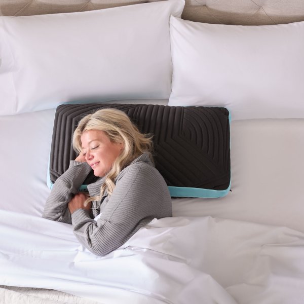 Ice Cloud + Omniphase Black/Blue Queen Low Loft Pillow by Malouf at Eve Furniture