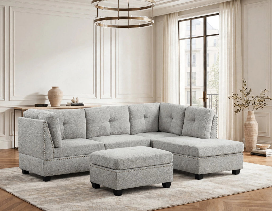 Sienna Boucle Gray Sectional with Ottoman by Happy Homes at Eve Furniture