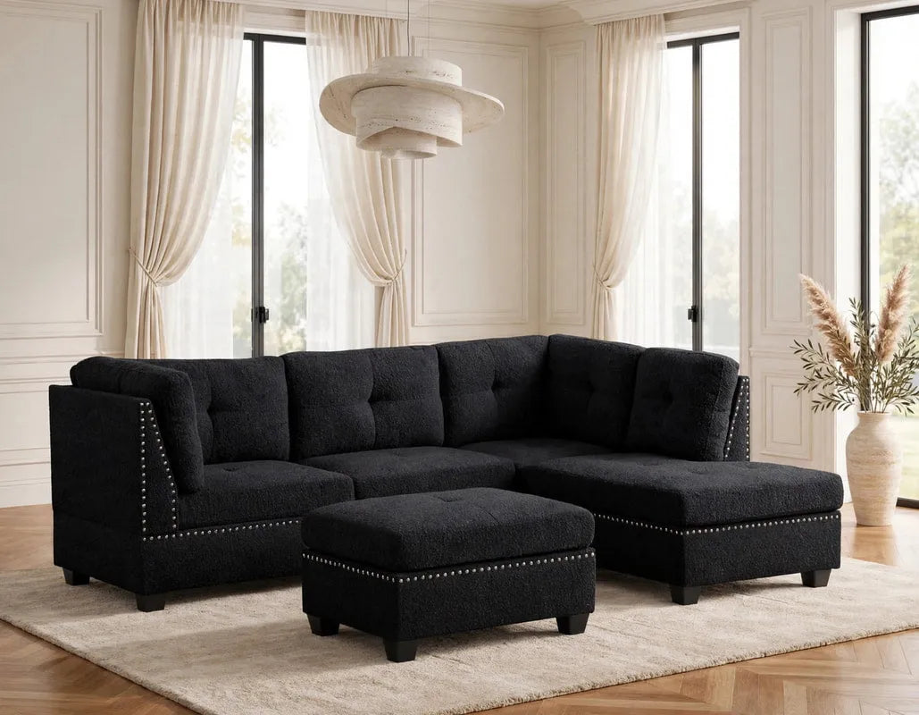 Sienna Boucle Black Sectional with Ottoman by Happy Homes at Eve Furniture