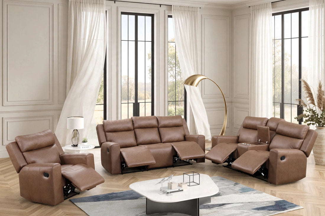 Elevation Brown Leather Gel 3-piece Reclining Living Room Set by Happy Homes at Eve Furniture