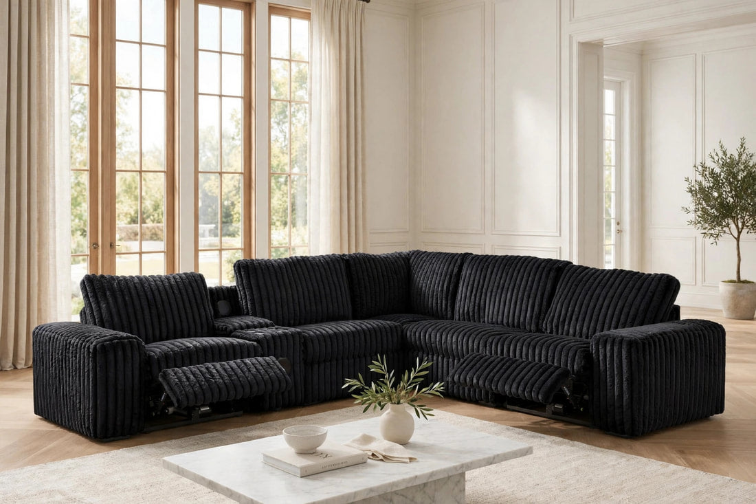 Amelia Onyx Power Reclining Sectional (w/ Bluetooth Speakers) by Happy Homes at Eve Furniture