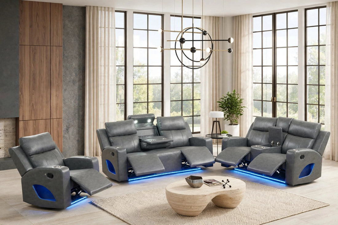 Pinnacle Gray Leather 3-Piece Reclining Living Room Set