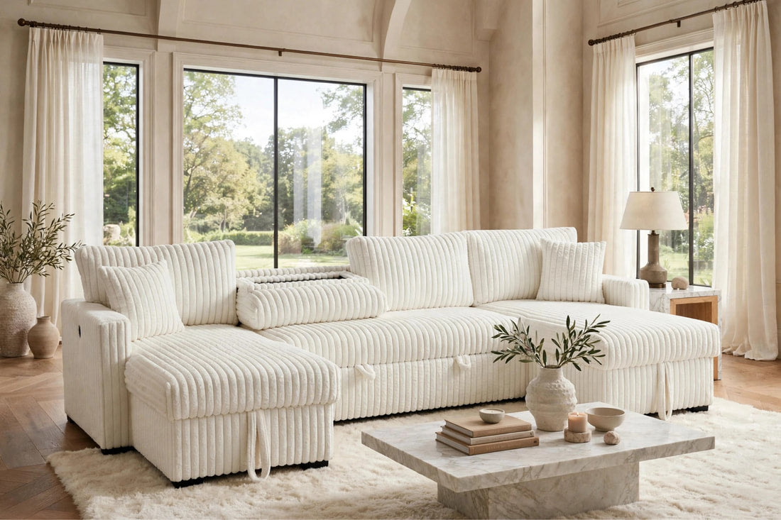 July Beige Double Storage Chaise Sectional with Pull Out Bed by Happy Homes at Eve Furniture