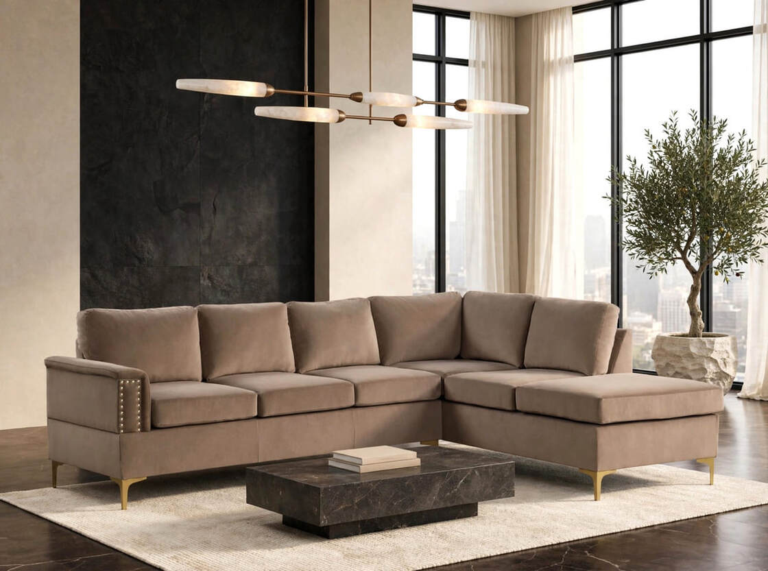 Vogue Latte Velvet Right Arm Facing (RAF) Sectional by Happy Homes at Eve Furniture