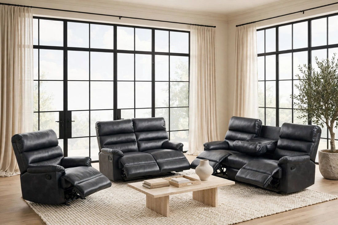 Albert Black Leather 3-Piece Reclining Living Room Set by Happy Homes at Eve Furniture