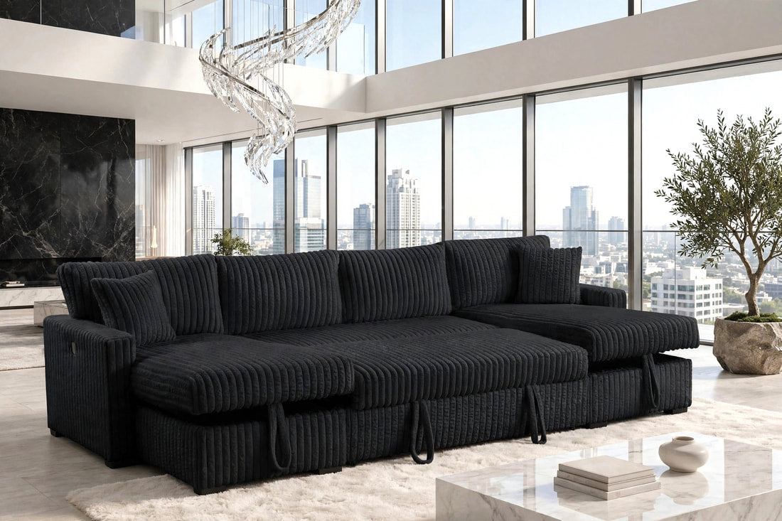 Seccional Chaise Doble Negro July con Cama Desplegable