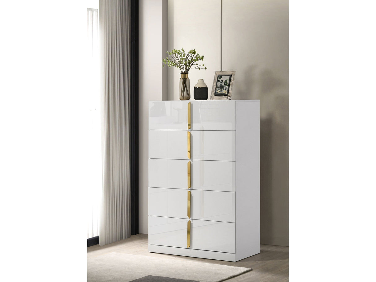 Ines White High Gloss 5-drawer Bedroom Chest of Drawers by Coaster at Eve Furniture