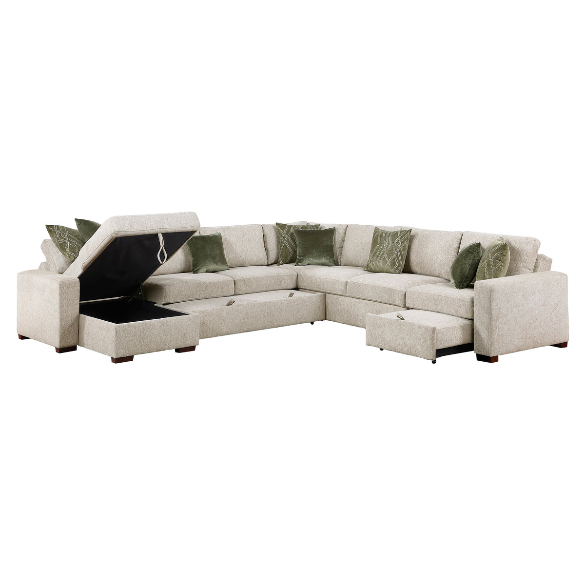 Isla Sage Sand 5-Piece Modular Sectional with Dual Pull-Out Beds and Storage Chaise by Homelegance at Eve Furniture