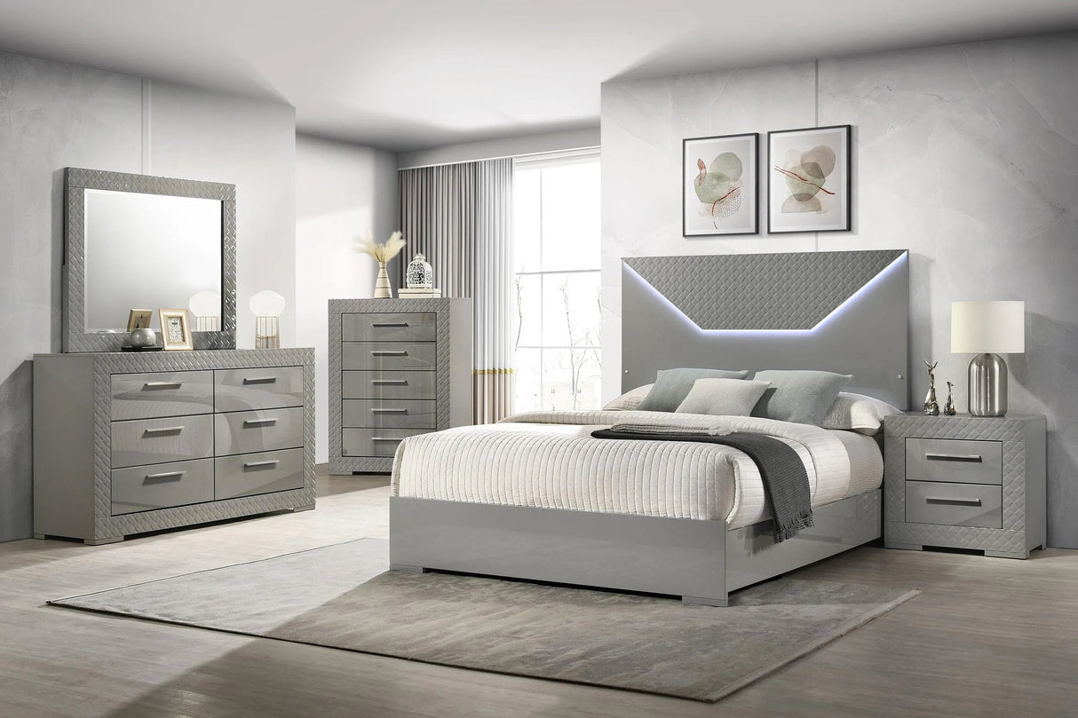 Ives Gray High Gloss Eastern King Panel Bed LED Headboard by Coaster at Eve Furniture