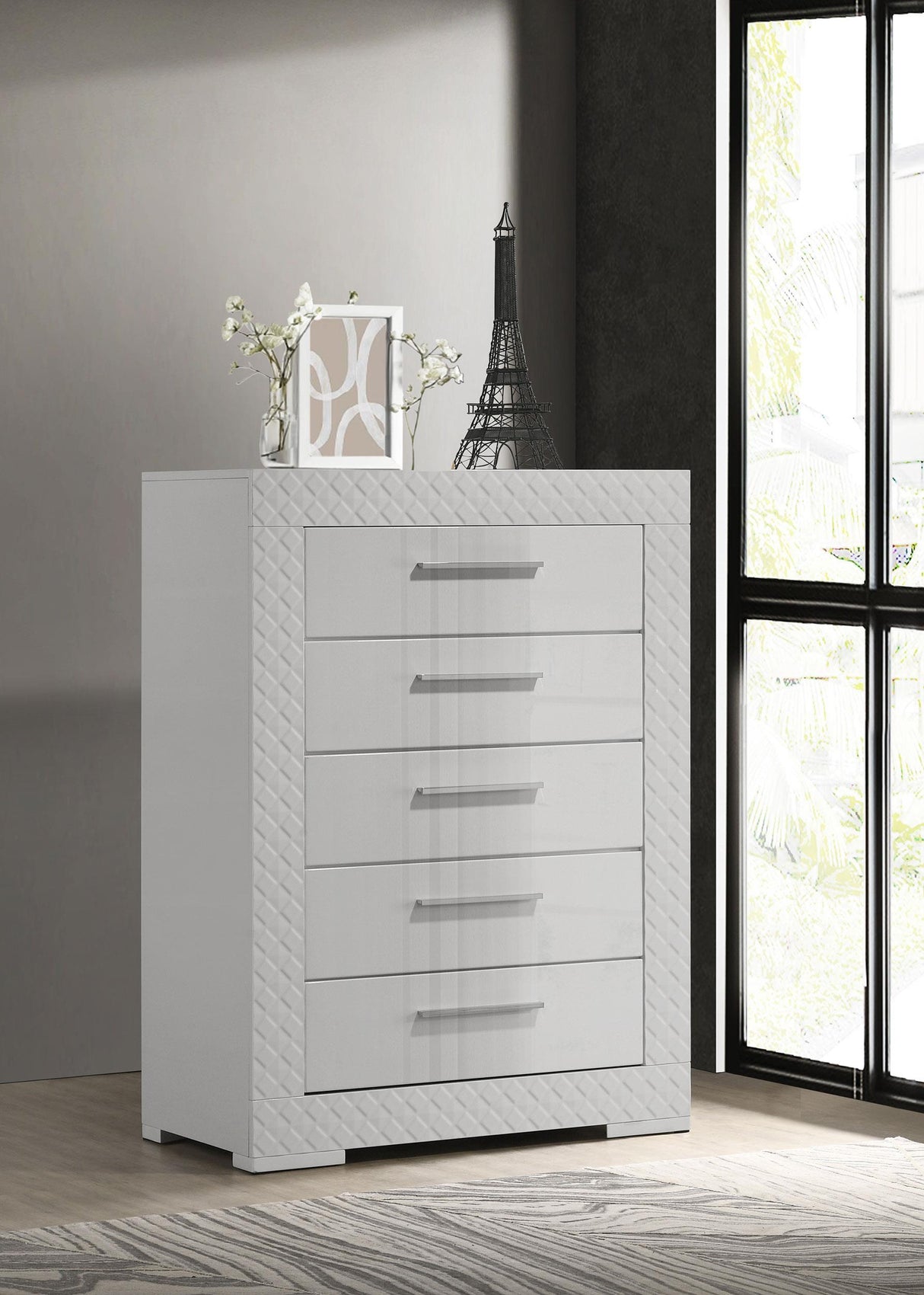 Ives 5-drawer Bedroom Chest of Drawers White High Gloss by Coaster at Eve Furniture