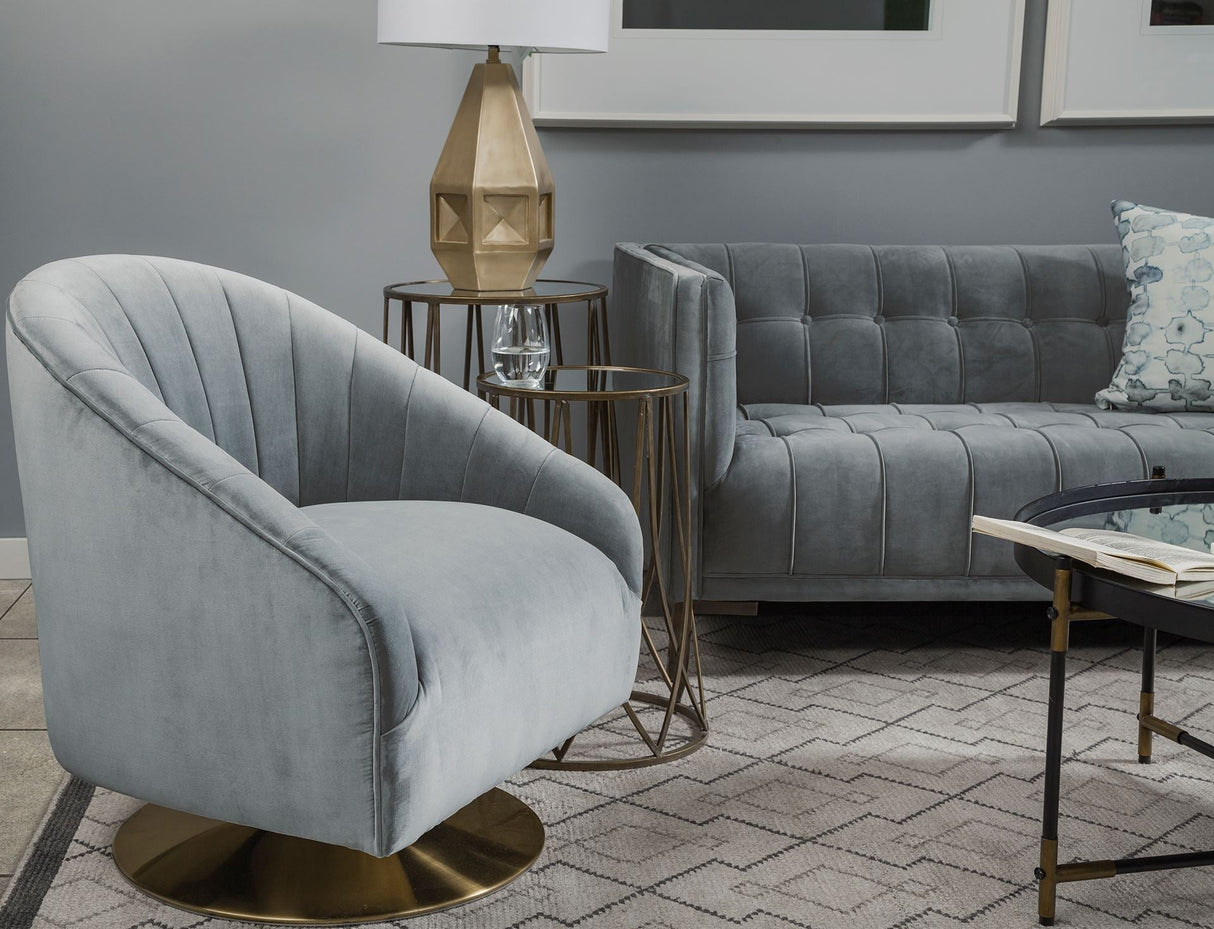 James II Gray Blue Velvet Covered Seat w Gold Swivel Base Accent Chair by Mercana at Eve Furniture
