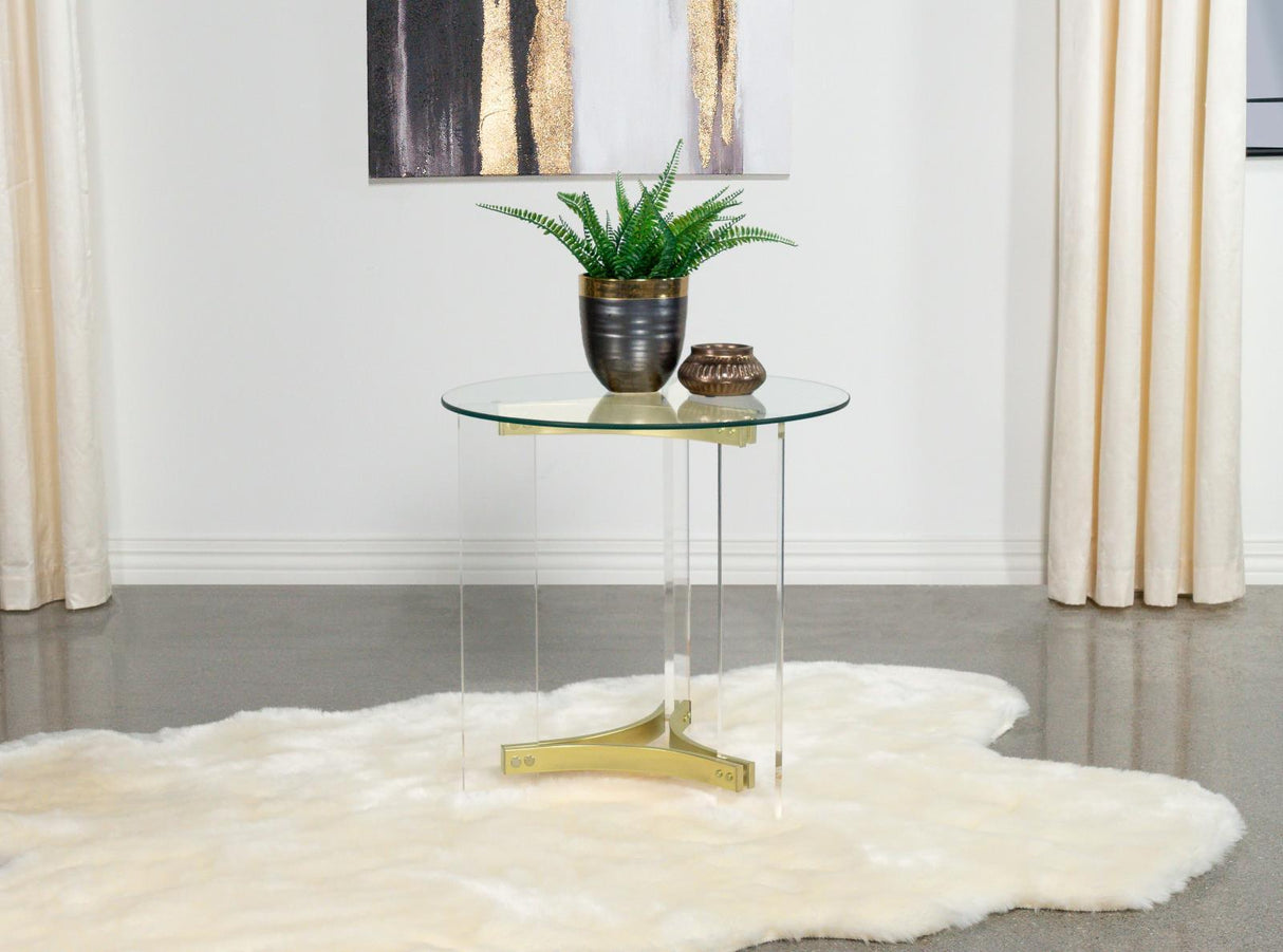 Janessa Clear and Matte Brass Round Glass Top End Table With Acrylic Legs by Coaster at Eve Furniture