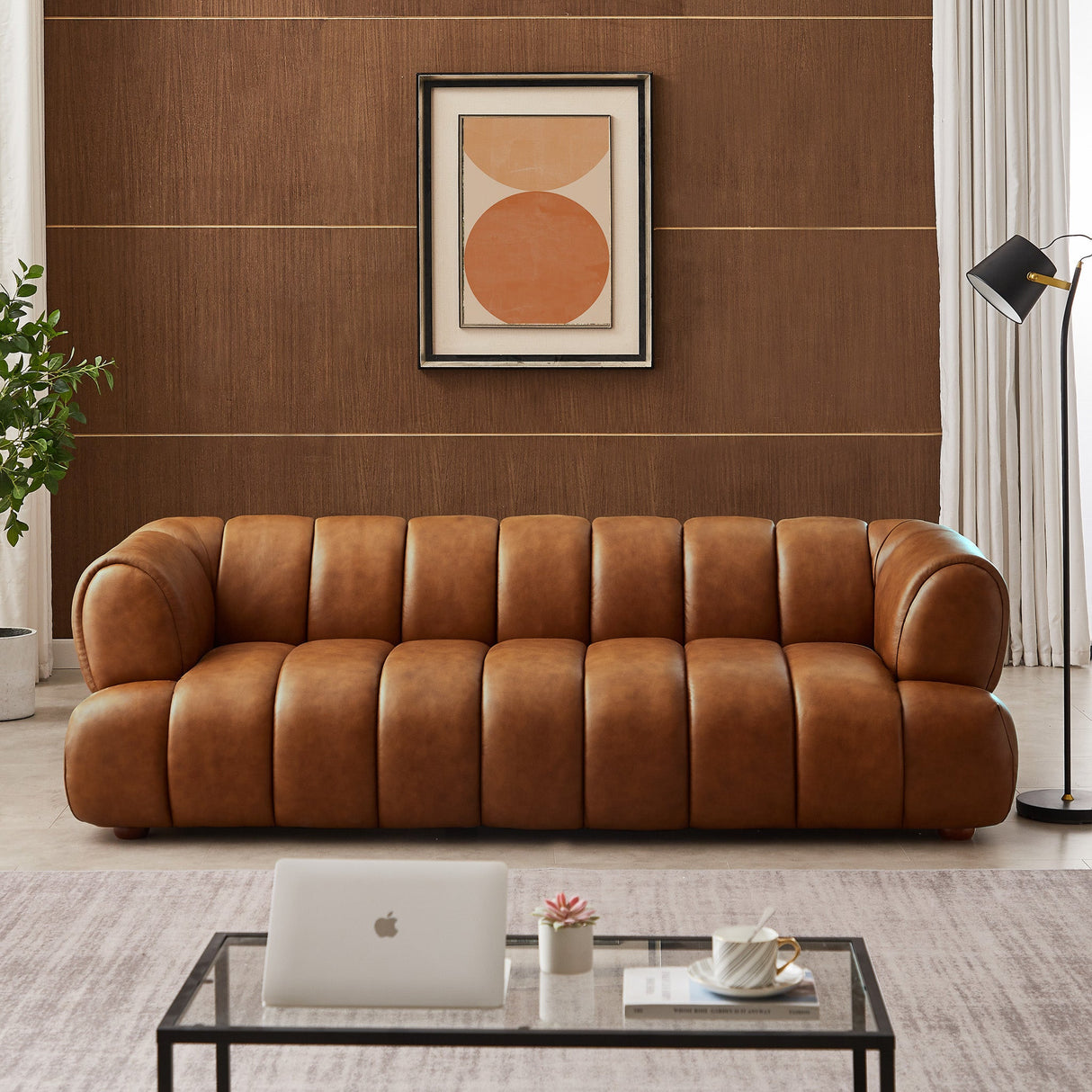 Jasmin Mid-Century Modern Cognac Genuine Leather Sofa by Ashcroft Furniture at Eve Furniture